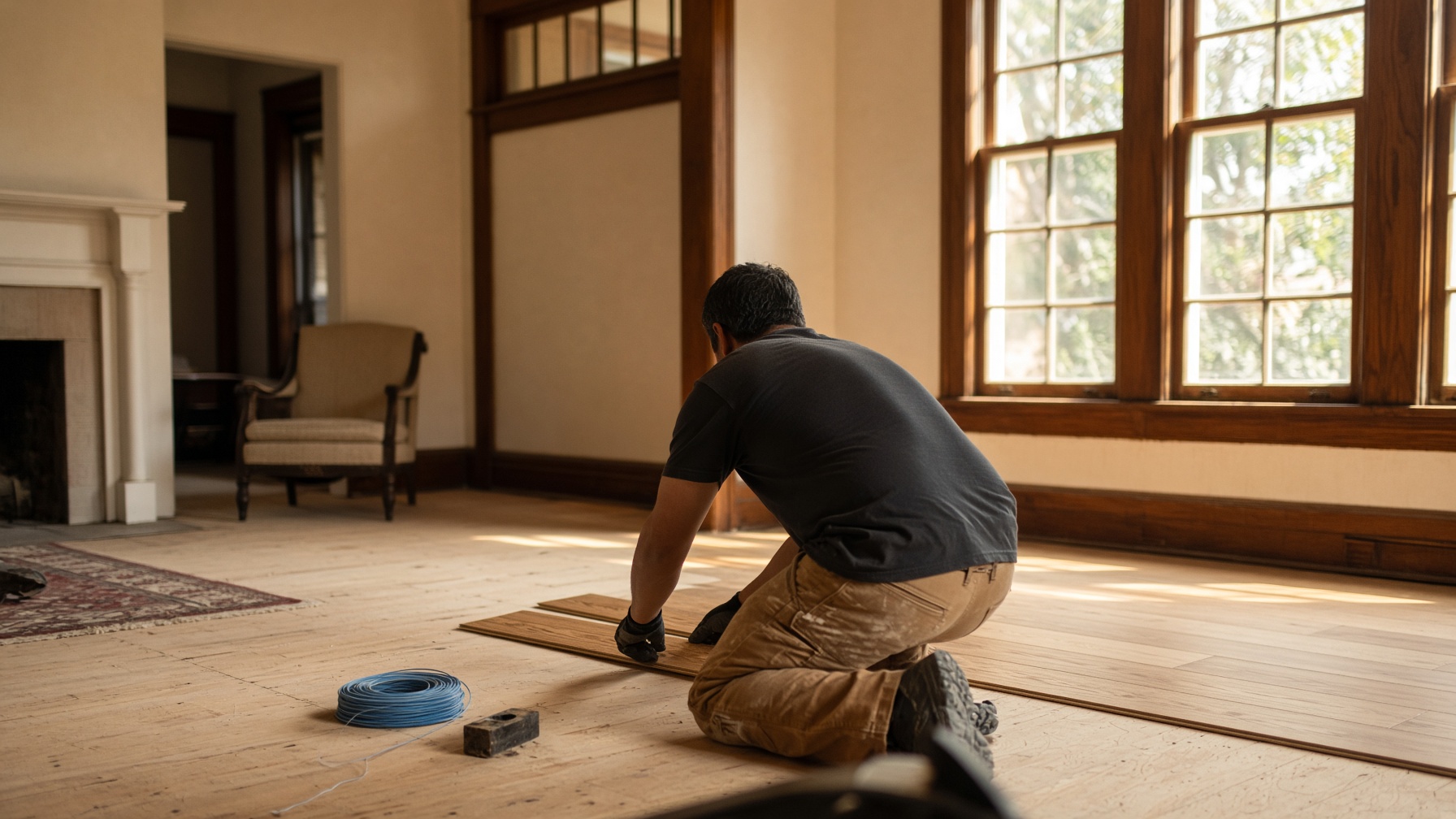 Installer laying oak-look luxury vinyl plank in a sunlit craftsman living room