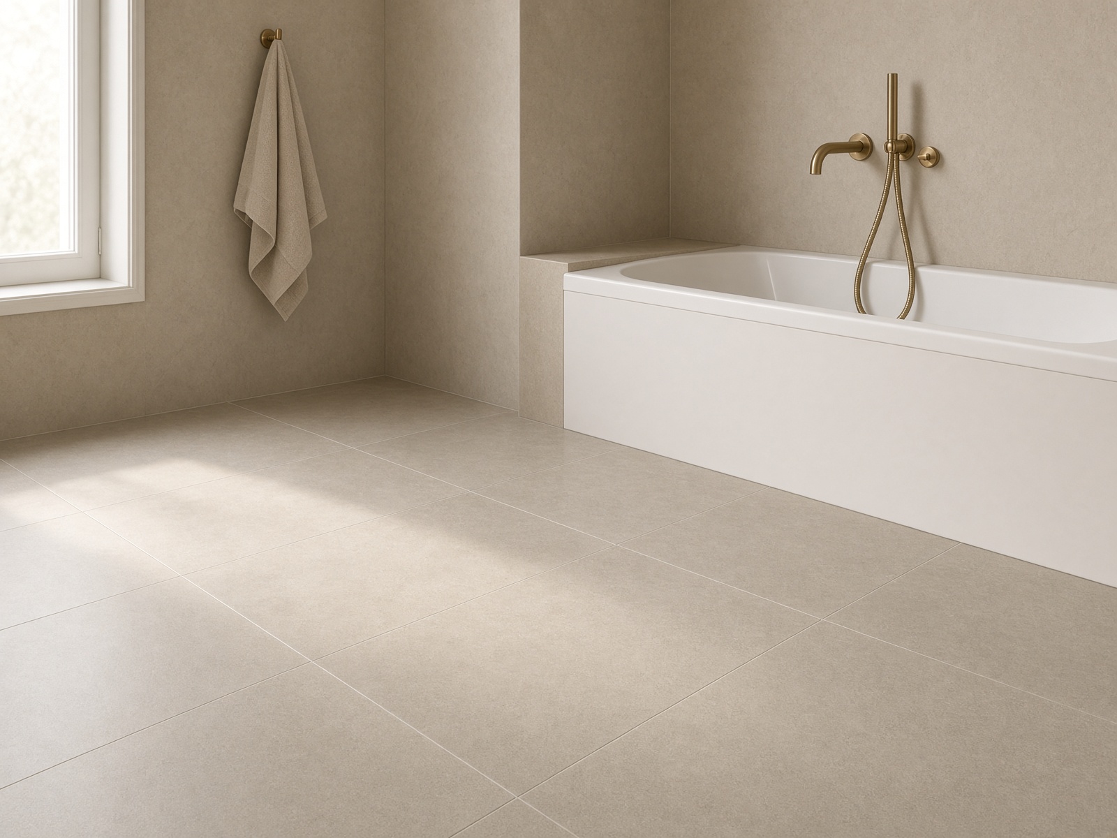 Large-format porcelain tile bathroom floor with consistent grout lines